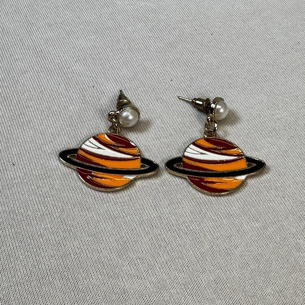 Gold Tone Planet Earrings Faux Pearl - Red/Orange/White/Black